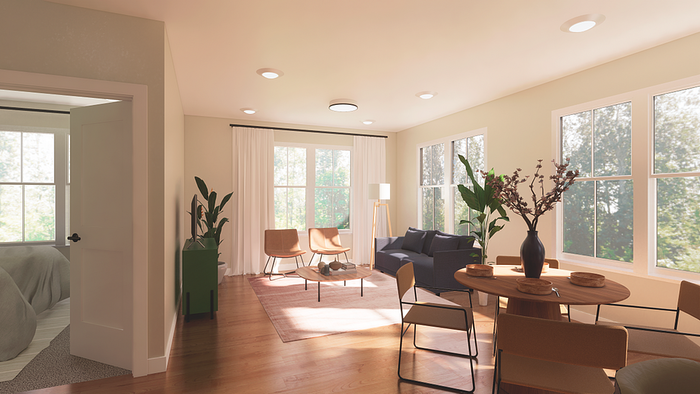 Bright living room with modern decor, featuring a cozy seating area, elegant dining table, and large windows inviting natural light.