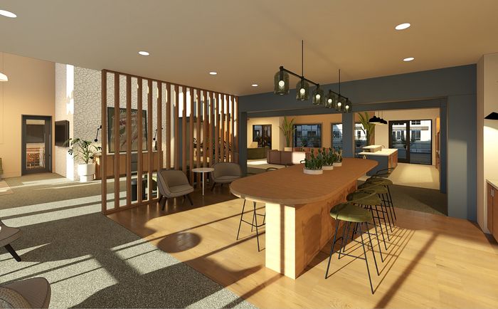 Contemporary open-layout apartment featuring modern wooden accents, a stylish dining counter with bar stools, and ample natural light.