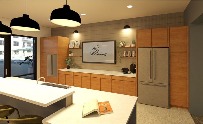 Chic modern kitchen with elegant wood cabinetry, sleek stainless steel appliances, and a stylish island bar, perfect for entertaining.