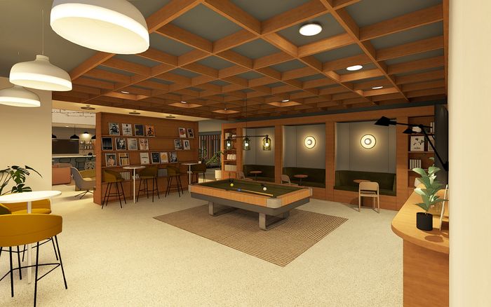 Elegant recreation room featuring a modern pool table, cozy seating nooks, and stylish wooden decor.