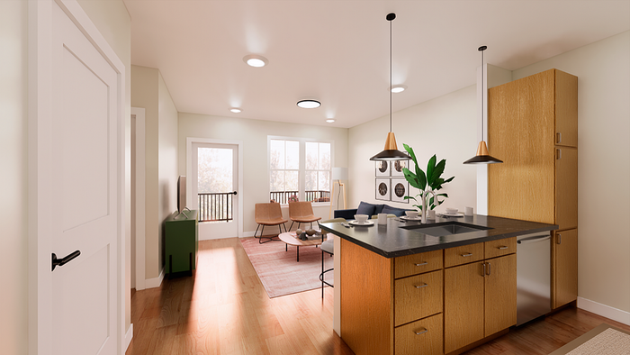 Bright, modern living space with open-concept kitchen, stylish pendant lighting, and cozy seating area, perfect for relaxing.