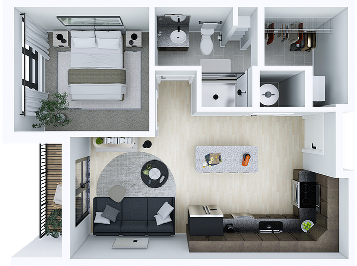 1A-1 1br, 1ba Floorplan