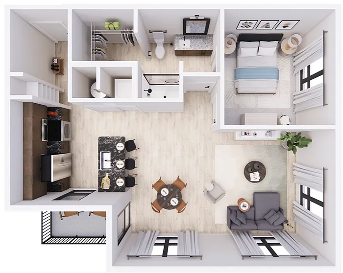 Contemporary 2D floor plan showcasing a cozy bedroom, sleek kitchen, and an inviting living-dining area.