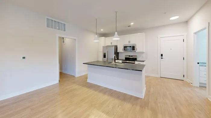 Modern open-concept kitchen and living area featuring sleek stainless steel appliances and elegant pendant lighting.