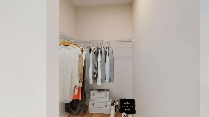 Spacious walk-in closet with organized hanging clothes, stylish storage boxes, and elegant decor.