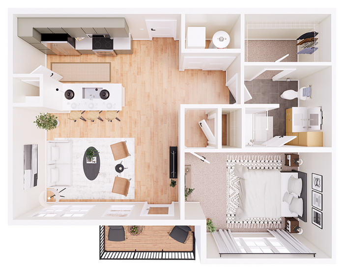 Chic 2D floor plan showcasing a modern open-plan kitchen and living area, cozy bedroom, stylish bathroom, and a private balcony.