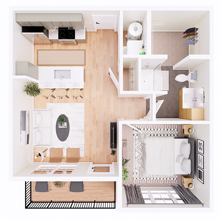 Modern floor plan featuring 1 bedroom, open-concept living and dining area, stylish kitchen, and charming balcony.