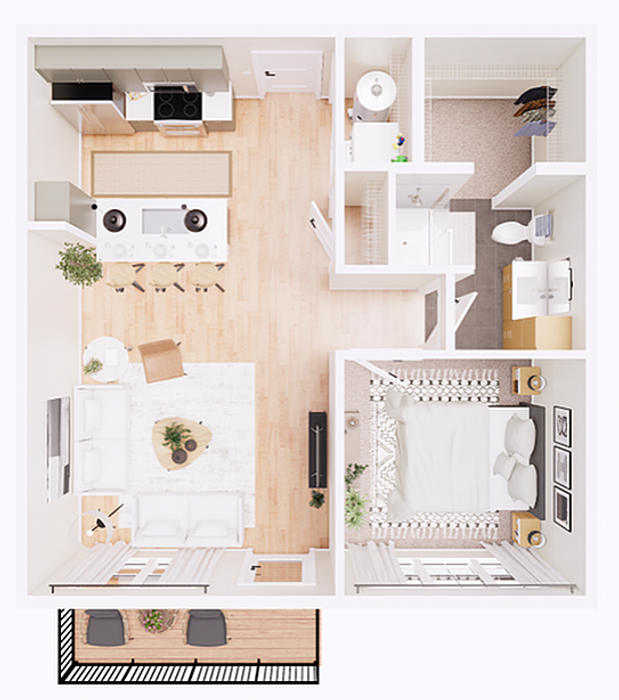 Modern open-concept apartment floor plan with one bedroom, stylish kitchen, living room, bathroom, and private balcony.