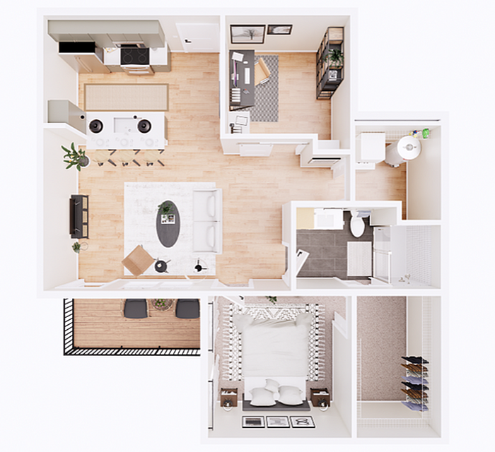 Chic floor plan showcasing one bedroom, a modern open-concept living area, sleek kitchen, cozy home office, and inviting outdoor patio.