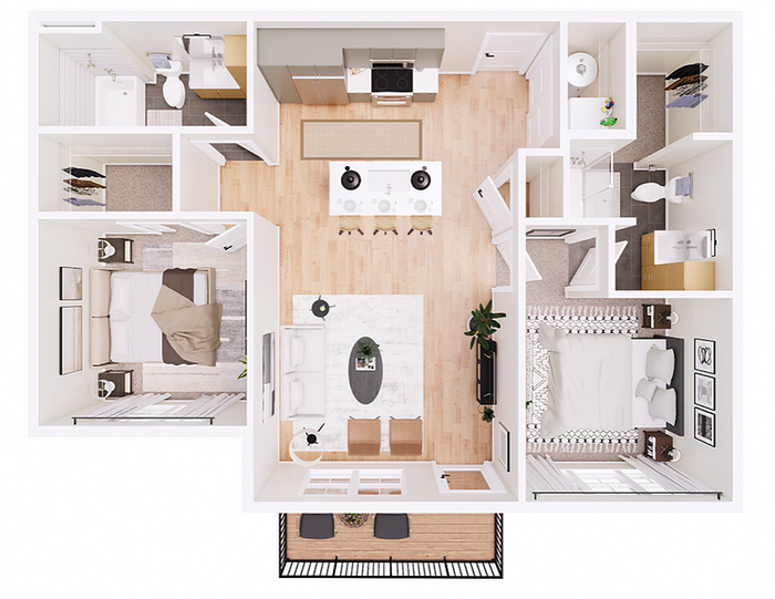 Modern floor plan showcasing 2 bedrooms, open-concept living and dining area, gourmet kitchen, and private balcony.