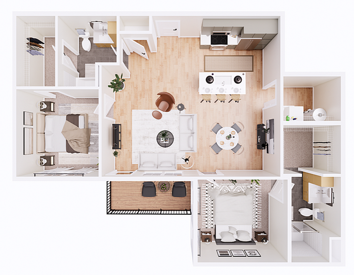 Modern 3D floor plan featuring a stylish open-concept living area, two cozy bedrooms, and a sleek kitchen with island seating.