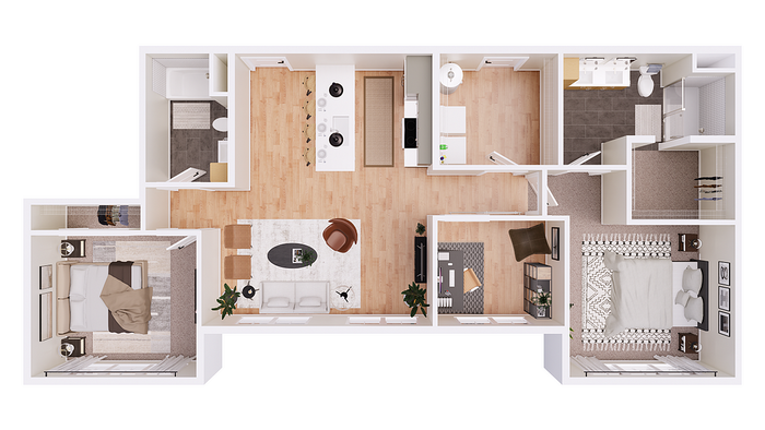 Modern floor plan showcasing 2 spacious bedrooms, an open-concept living room, and a sleek kitchen design.