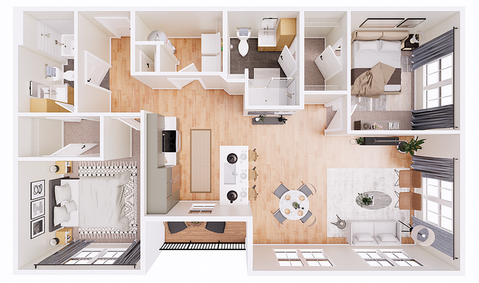 Modern apartment floor plan showcasing two spacious bedrooms, a cozy open-plan living and dining area, and a sleek kitchen with island seating. Includes two bathrooms and a private balcony.