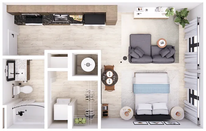 Contemporary studio floor plan featuring an open-concept living space and modern kitchen.