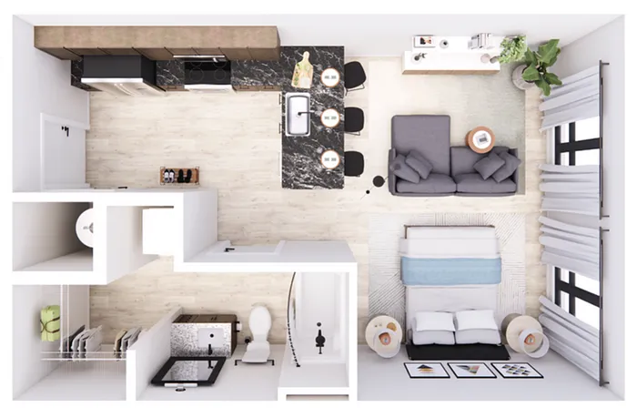 Elegant studio apartment floor plan with open-concept living room, kitchen, and a modern bathroom.