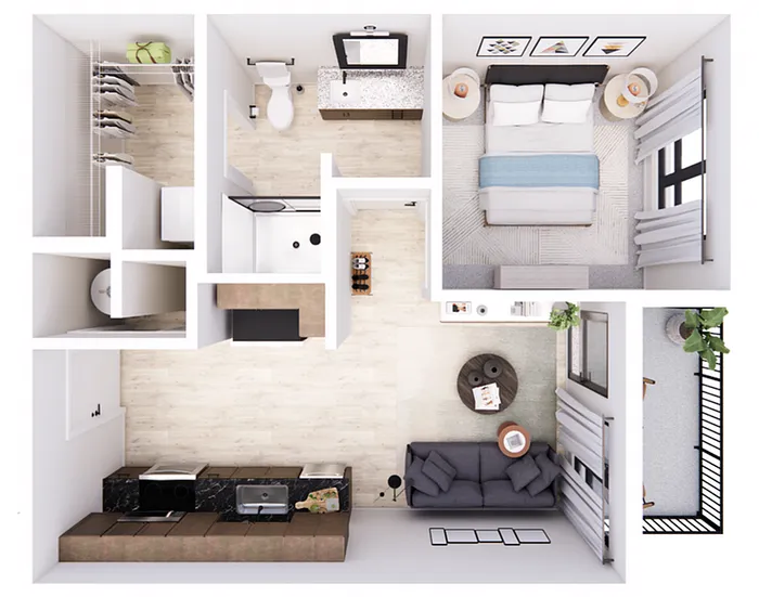 Contemporary floor plan featuring a cozy bedroom, open living area, sleek kitchen, and bathroom.
