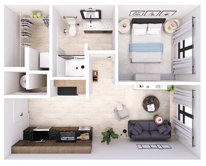 Chic 3D floor plan with one bedroom, stylish open kitchen, and inviting living area.