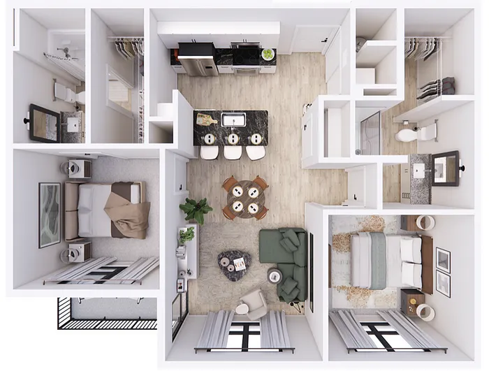 Top-view floor plan of a modern apartment with two bedrooms, open kitchen, and living area.