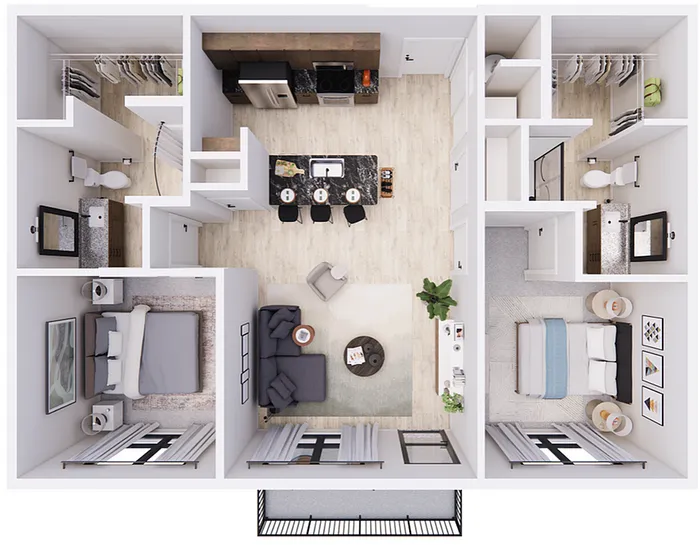 3D floor plan of a sleek apartment featuring two bedrooms, modern kitchen, and cozy living space.