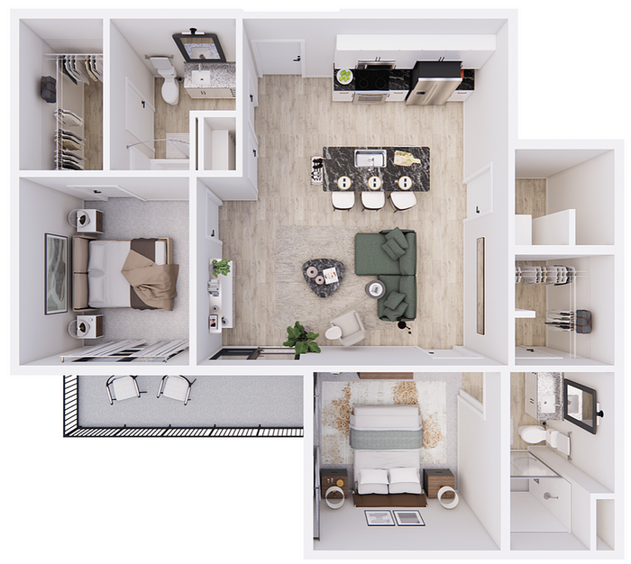 3D floor plan of a modern apartment featuring two bedrooms, an open living area, and a sleek kitchen.