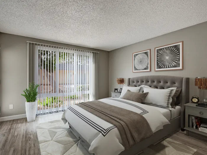 Bedroom with Large Windows at River Blu Apartments  Apartments Sacramento