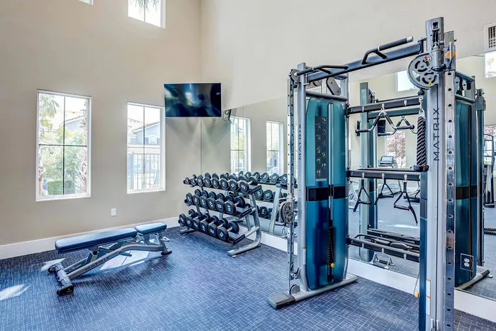 Bright gym room with fitness equipment, including weights and a training machine.
