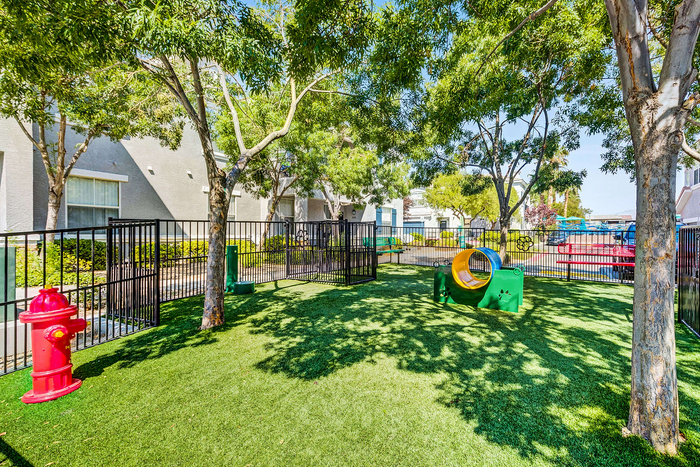 Vibrant outdoor pet play area with green grass and colorful equipment under shady trees.