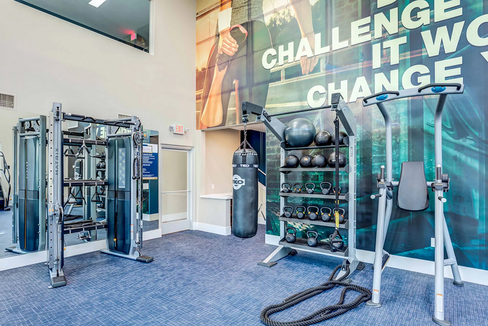Bright and modern fitness center with versatile gym equipment and motivational wall art.