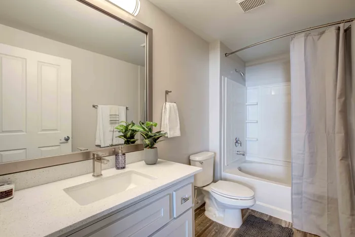 Modern bathroom with sleek vanity, large mirror, bathtub with curtain, and elegant design.