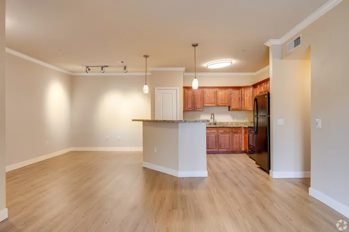 Modern open-plan living area with elegant hardwood floors, chic pendant lighting, and a stylish kitchen with wood cabinets and granite countertops.