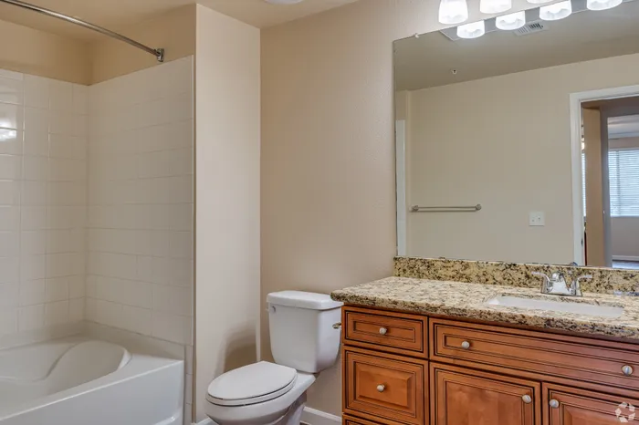 Elegant bathroom with granite countertop, modern fixtures, and a spacious shower area.