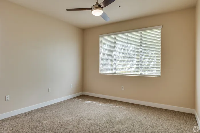 Bright and airy room featuring a modern ceiling fan, large window with blinds, and cozy carpeted floor.