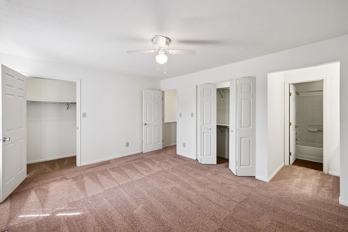Bright and spacious bedroom with plush carpet, generous closet space, and modern ceiling fan.