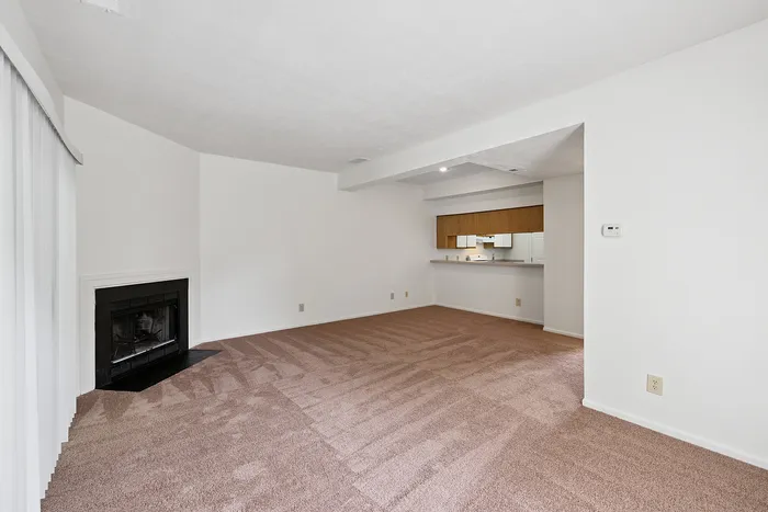 Spacious living area with fresh carpet, cozy fireplace, and open layout leading to a modern kitchen with a breakfast bar.
