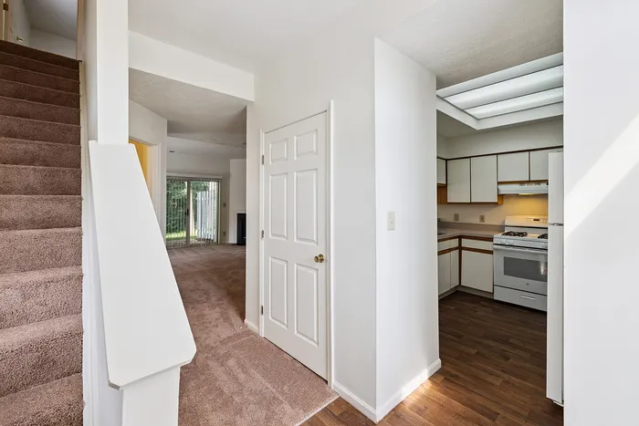 Inviting apartment entryway showcasing a cozy carpeted staircase, bright living area, and a modern kitchen with wooden floors.