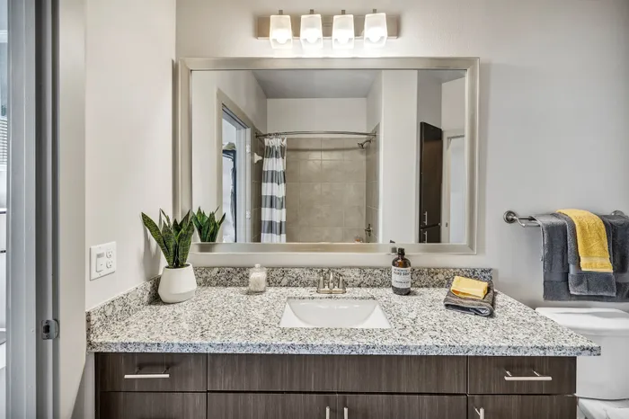 Elegant bathroom with granite countertop, large mirror, and stylish lighting, featuring modern decor and plush towels.