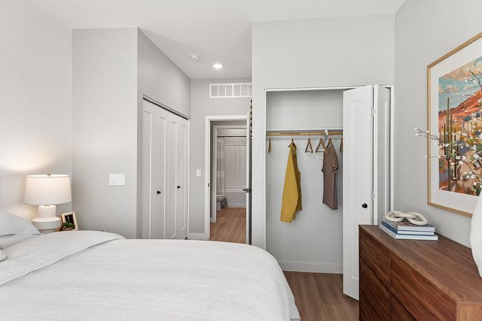 Bright and airy bedroom featuring a cozy bed, elegant wooden furniture, and a neat closet with stylish garments.