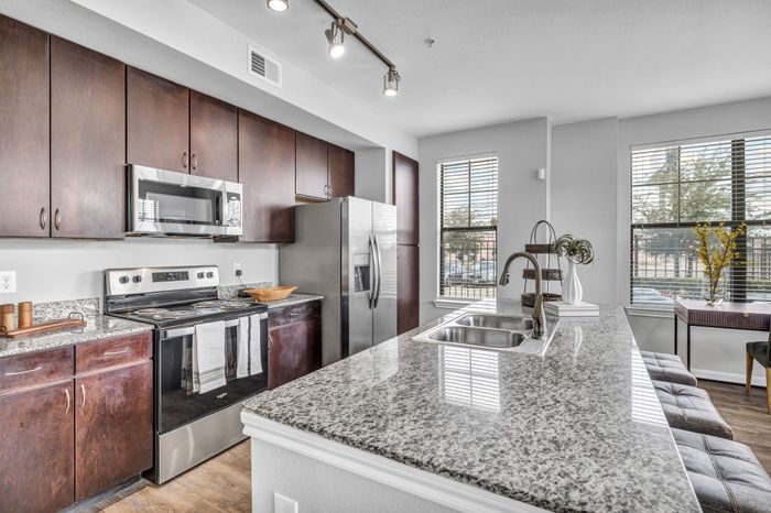 Bright, modern kitchen with sleek granite countertops, stainless steel appliances, and elegant dark wood cabinets, featuring large windows for ample natural light.