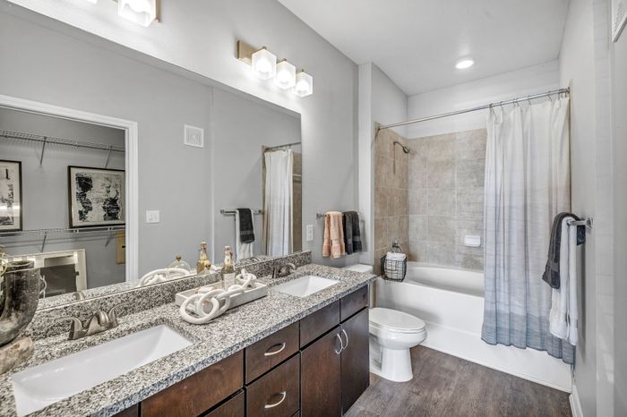 Elegant modern bathroom with granite double vanity, sleek wood cabinets, and a stylish shower-tub combination.