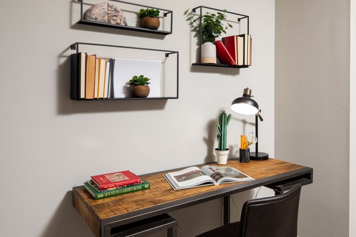 Chic study nook with stylish wall shelves, vibrant books, and modern decor featuring a cactus plant and sleek lamp.