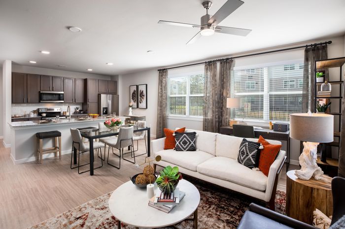 Modern open-concept living space with elegant kitchen, cozy sofa, and abundant natural light through large windows.
