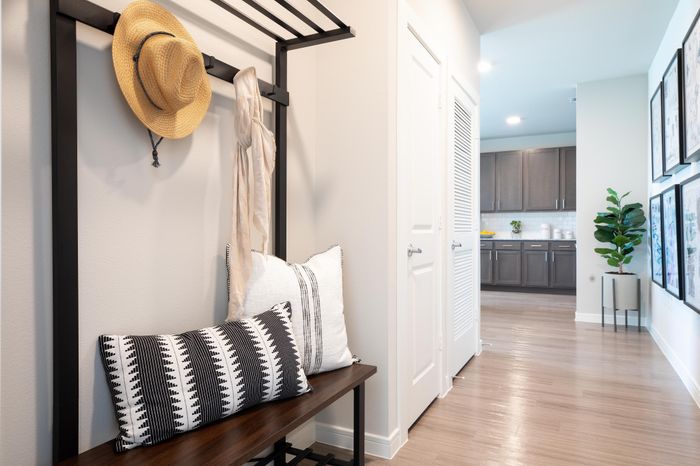 Modern apartment entryway featuring stylish hat rack and decorative pillows leading to a bright kitchen with elegant cabinetry.