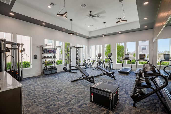 Bright and modern fitness center with state-of-the-art equipment, large windows, and sleek design.