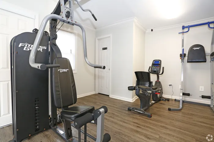 Chic apartment fitness room featuring a modern exercise bike and versatile gym equipment on sleek wooden flooring.