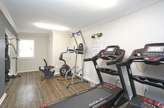 Modern home gym with high-end exercise equipment, including treadmills and cycling machines, on sleek wooden flooring.