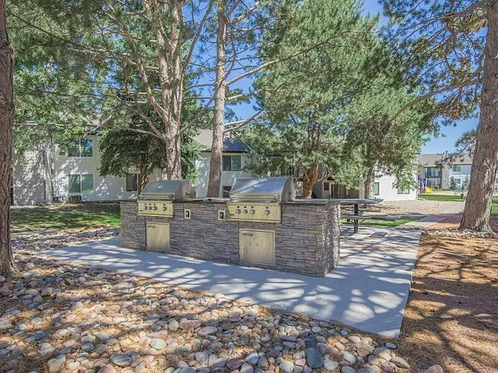 Inviting outdoor grilling area nestled among lush trees, perfect for entertaining in a charming residential setting.