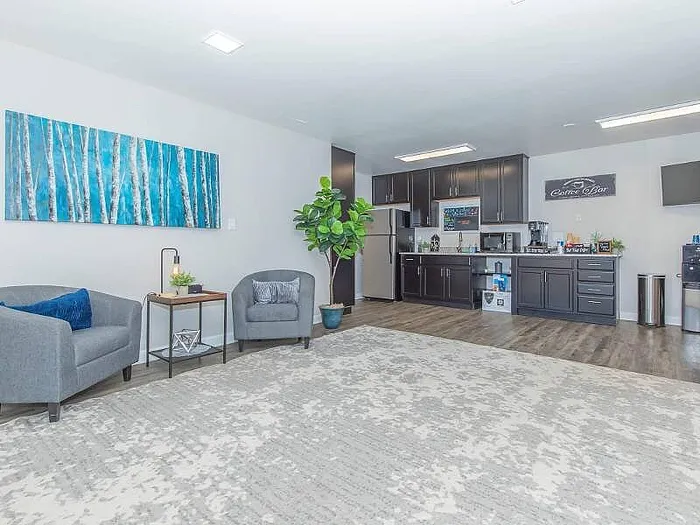 Modern open-concept living room with stylish gray furniture, lush indoor plant, and a sleek kitchen with dark cabinets, offering a blend of comfort and contemporary design.