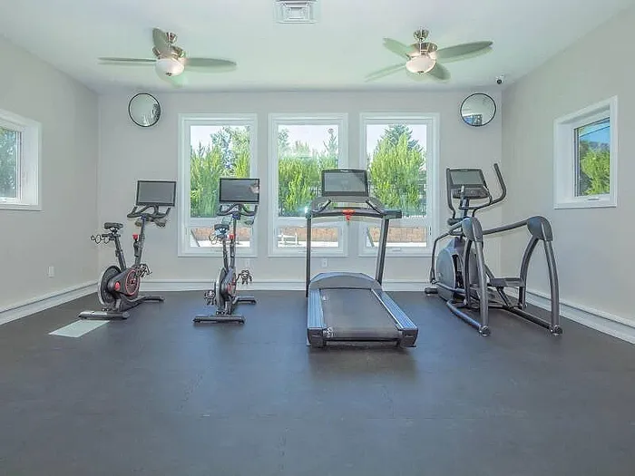 Bright modern gym with sleek exercise bikes, treadmill, and elliptical, large windows letting in natural light.