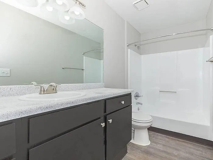 Bright and modern bathroom featuring a sleek vanity, elegant lighting, and a pristine bathtub with shower.