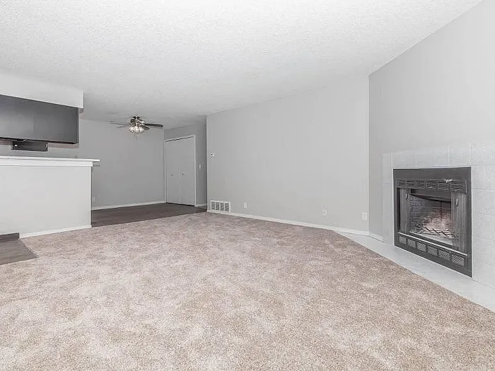Spacious apartment living room with cozy carpeted flooring, modern fireplace, and open layout with sleek kitchen counter.